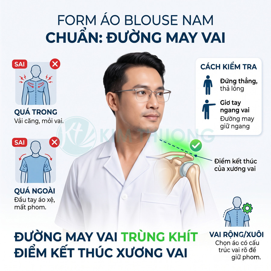 Nam bác sĩ mặc áo blouse trắng form chuẩn với đường may vai trùng khít điểm kết thúc xương vai