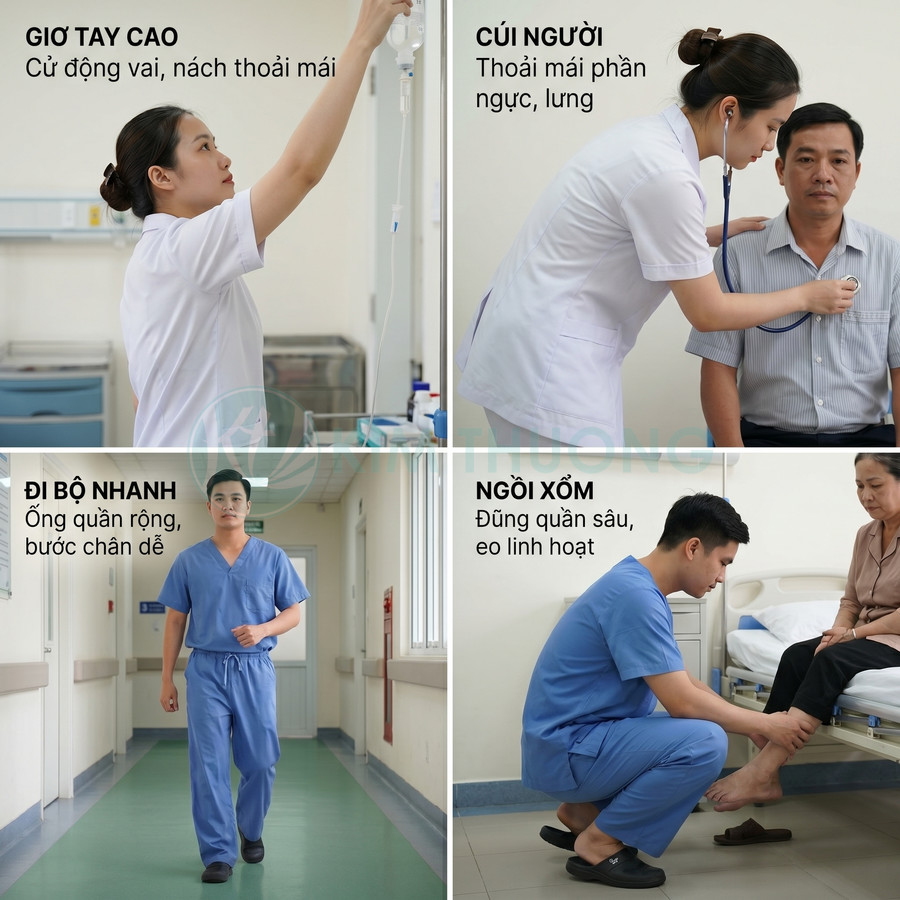 Đồng phục y tá bác sĩ màu xanh và trắng thoải mái khi giơ tay, cúi người, đi bộ nhanh, ngồi xổm chăm sóc bệnh nhân