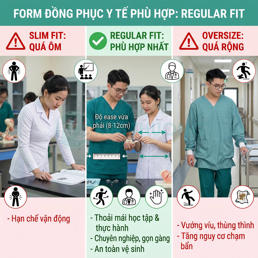 So sánh form đồng phục y tế slim fit, regular fit và oversize với người mẫu minh họa trong bệnh viện