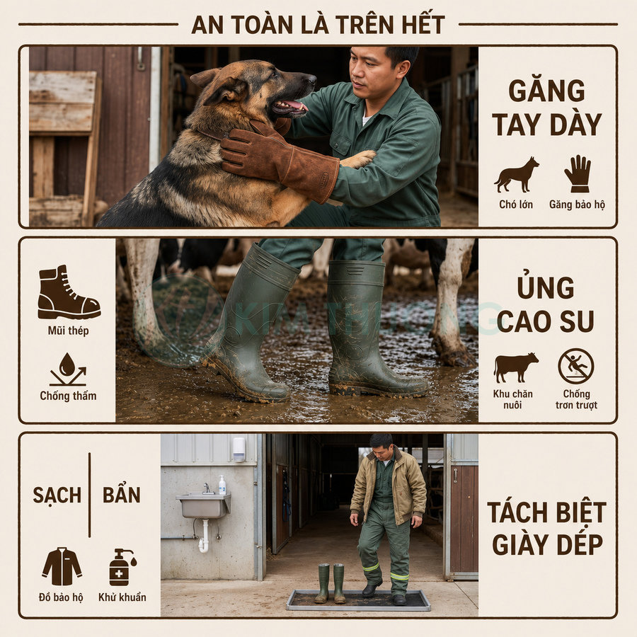 Găng tay dày và ủng cao su bảo hộ cho người chăm sóc chó trong khu chăn nuôi, đảm bảo an toàn và vệ sinh