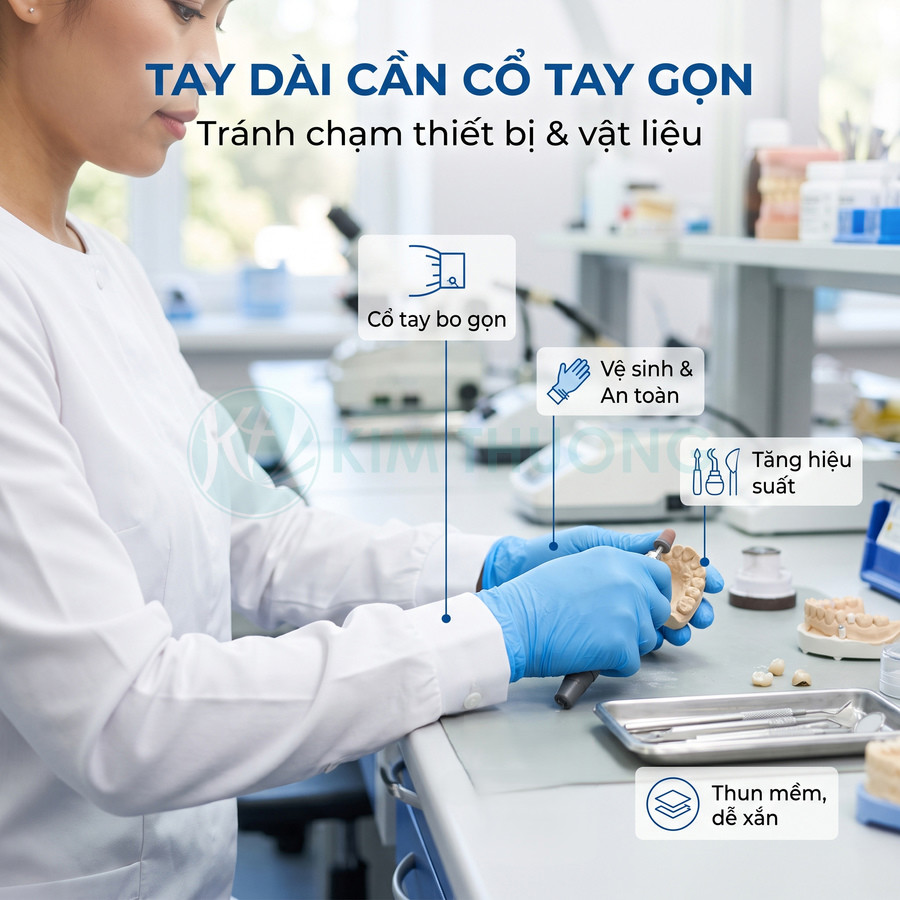 Nhân viên phòng thí nghiệm đeo găng tay y tế xanh tay dài, thao tác trên mẫu răng và dụng cụ nha khoa