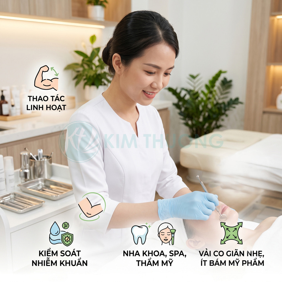 Kỹ thuật viên spa đeo găng tay xanh chăm sóc da mặt cho khách trong phòng thẩm mỹ sạch sẽ