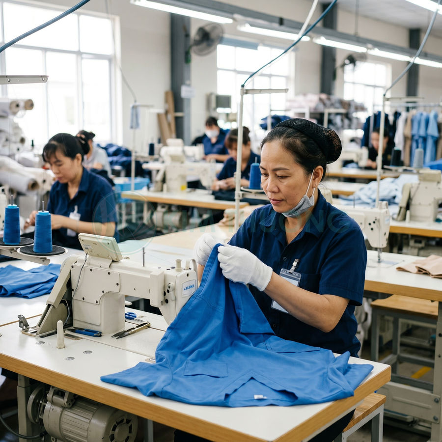Công nhân may kiểm tra áo sơ mi màu xanh trên dây chuyền sản xuất trong xưởng may mặc