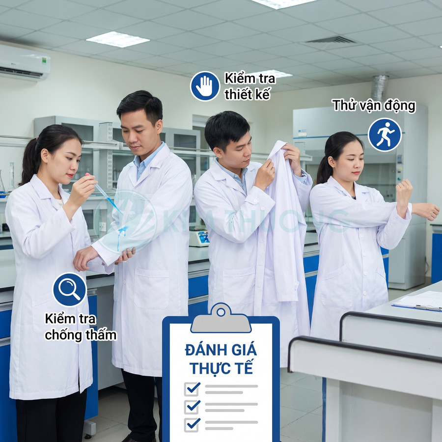 Nhân viên kiểm tra thiết kế, khả năng chống thấm và độ linh hoạt của áo khoác trắng trong phòng thử nghiệm