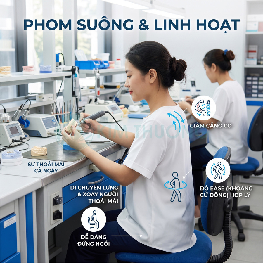 Nhân viên phòng lab nha khoa ngồi ghế công thái học, mặc áo đồng phục rộng thoải mái hỗ trợ giảm căng cơ