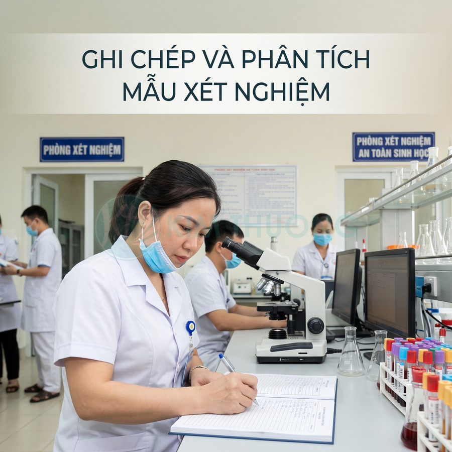 Kỹ thuật viên phòng xét nghiệm ghi chép kết quả bên cạnh kính hiển vi và ống nghiệm mẫu máu