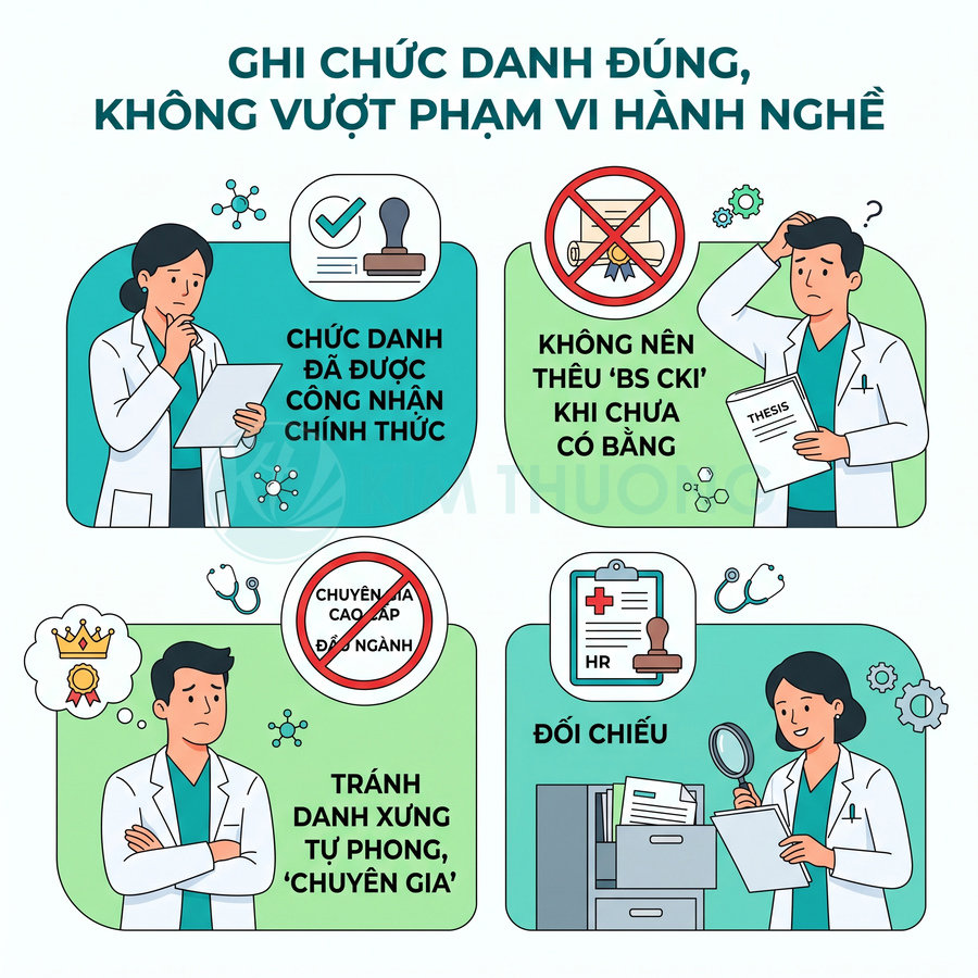 Infographic hướng dẫn bác sĩ ghi đúng chức danh, tránh tự xưng chuyên gia và không vượt phạm vi hành nghề