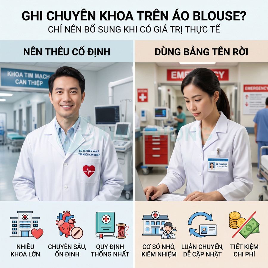 Áo blouse bác sĩ thêu tên và chuyên khoa so sánh với áo blouse gắn bảng tên rời trong bệnh viện