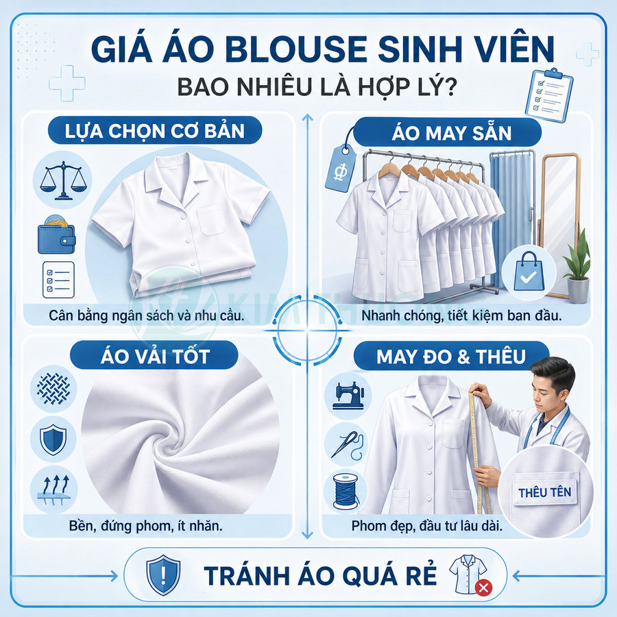 Infographic tư vấn chọn mua áo blouse sinh viên với các loại áo may sẵn, vải tốt, may đo và thêu tên