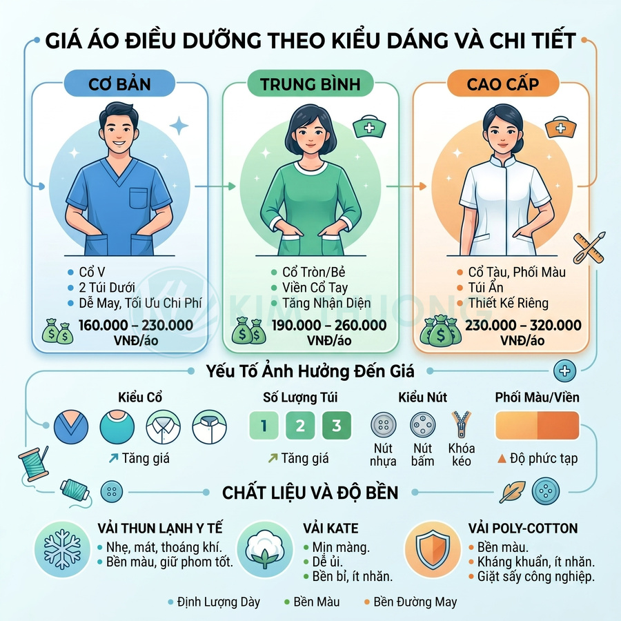 Bảng giá áo điều dưỡng cơ bản, trung bình, cao cấp kèm kiểu dáng, chất liệu và các yếu tố ảnh hưởng đến giá