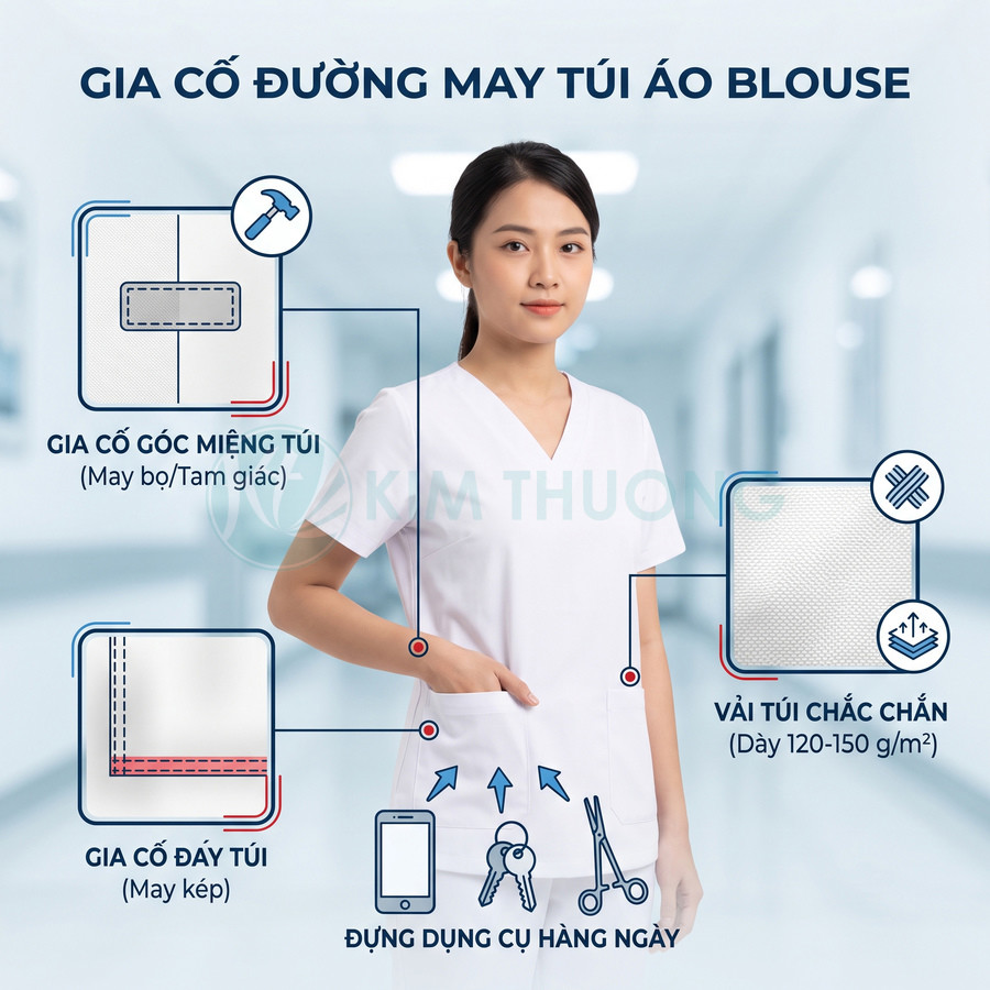 Áo blouse y tế nữ màu trắng với túi áo được gia cố chắc chắn để đựng điện thoại, kéo và dụng cụ hàng ngày