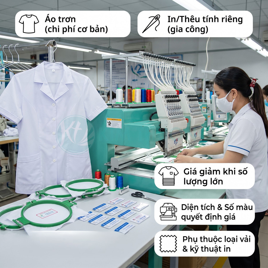 Áo blouse trắng được thêu logo bằng máy tại xưởng may, giá gia công tùy số lượng, diện tích và số màu thêu