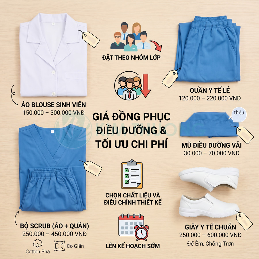 Bảng giá các loại đồng phục điều dưỡng gồm áo blouse, bộ scrub, quần y tế, mũ vải và giày y tế trắng
