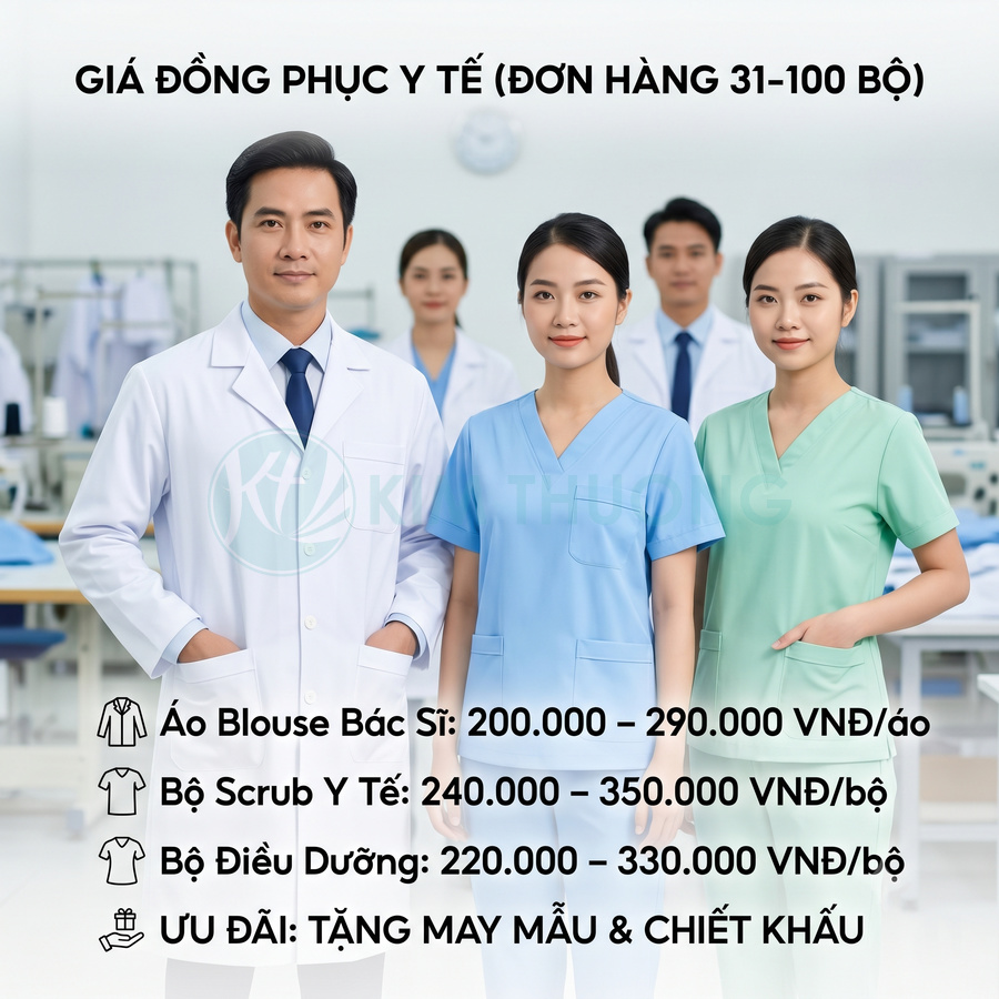 Bảng giá đồng phục y tế với bác sĩ áo blouse trắng và điều dưỡng mặc scrub xanh trong phòng khám