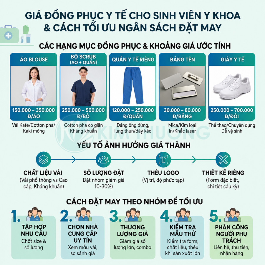 Bảng giá đồng phục y tế cho sinh viên y khoa gồm áo blouse, bộ scrub, quần y tế, bảng tên và giày y tế