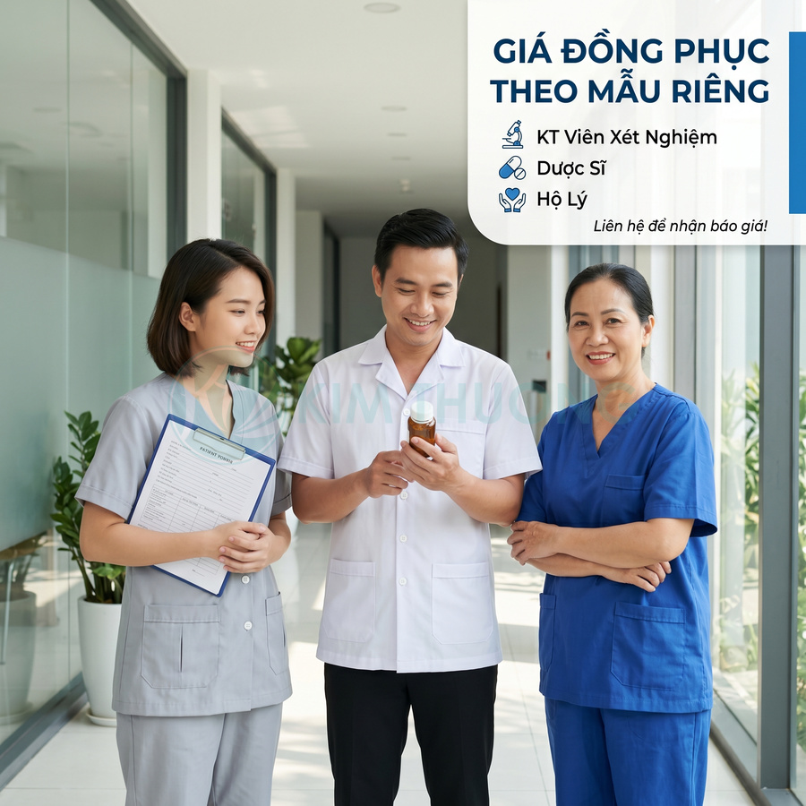 Nhân viên y tế mặc đồng phục bệnh viện đứng trò chuyện trong hành lang, giới thiệu mẫu đồng phục riêng