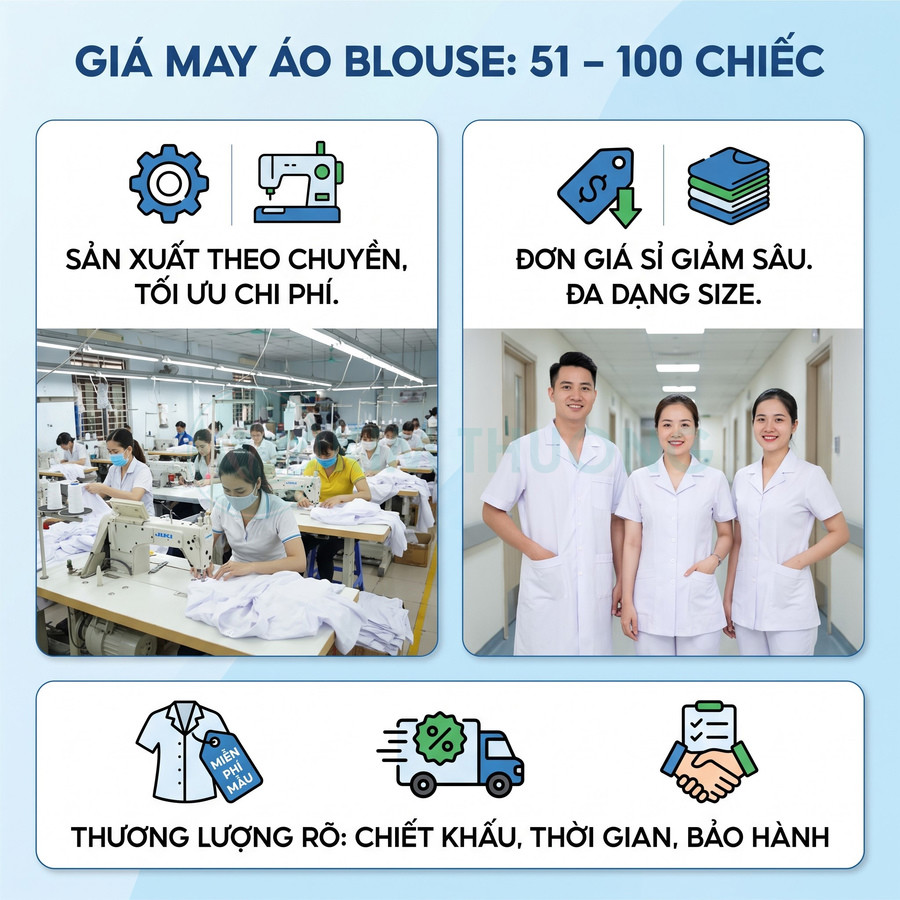 Áo blouse đồng phục y tế may theo đơn 51–100 chiếc, nhiều size, giá sỉ ưu đãi