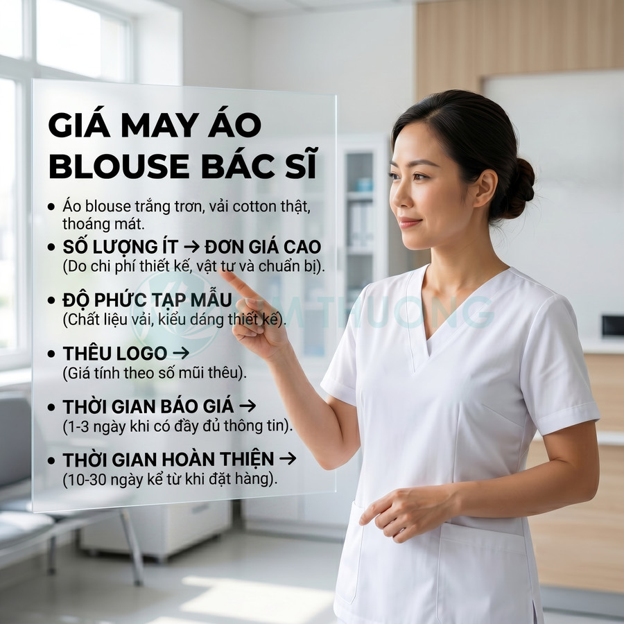Nữ bác sĩ mặc áo blouse trắng cotton đứng trong phòng khám, giới thiệu bảng giá may áo blouse bác sĩ