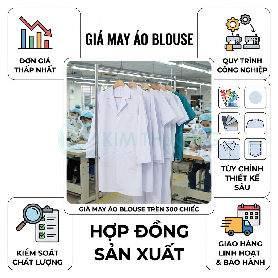 Áo blouse trắng được may tại xưởng, phù hợp đặt hợp đồng sản xuất từ 300 chiếc trở lên