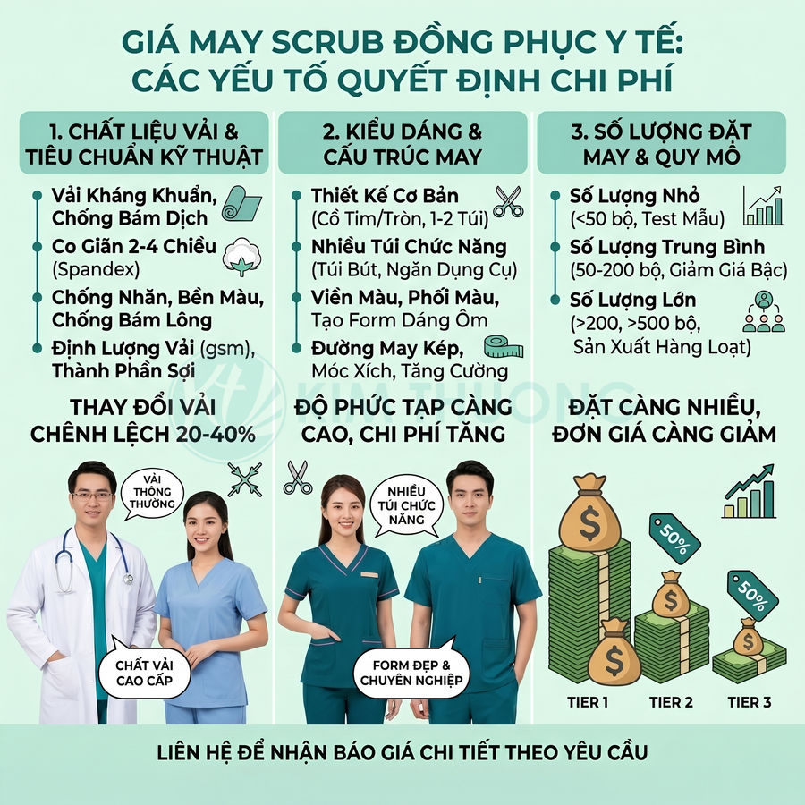 Infographic giá may scrub đồng phục y tế với ba nhân viên mặc áo quần y khoa nhiều màu sắc