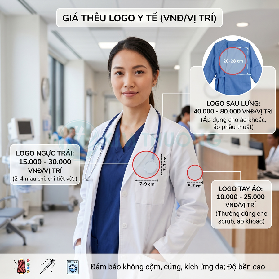 Bảng giá thêu logo trên áo blouse bác sĩ, vị trí ngực trái, tay áo và sau lưng trong môi trường bệnh viện