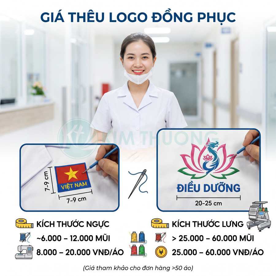 Bảng giá thêu logo đồng phục y tá với mẫu cờ Việt Nam và logo điều dưỡng trên áo trắng