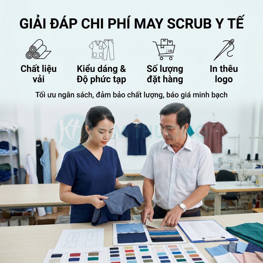 Tư vấn chọn vải và thiết kế đồng phục scrub y tế với bảng màu và mẫu vải trên bàn