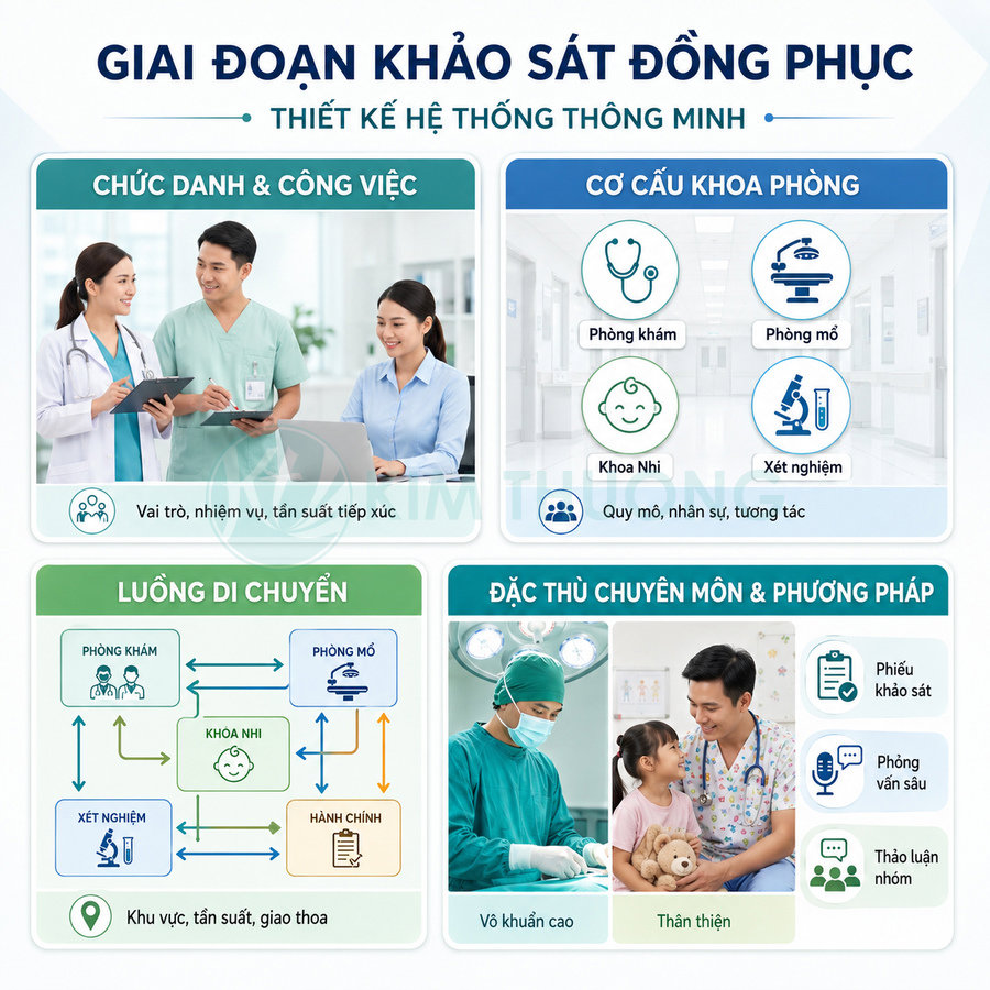 Infographic quy trình khảo sát thiết kế đồng phục y tế cho bệnh viện với bác sĩ, điều dưỡng và bệnh nhi