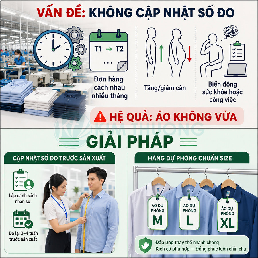 Infographic quy trình may đồng phục công sở, đo lại số đo nhân viên và chuẩn bị áo sơ mi dự phòng đủ size M L XL
