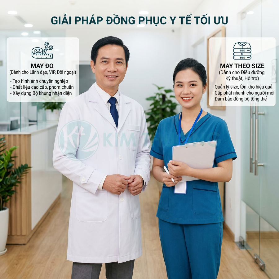 Bộ đồng phục y tế cao cấp cho bác sĩ áo blouse trắng và điều dưỡng mặc scrub xanh trong bệnh viện hiện đại