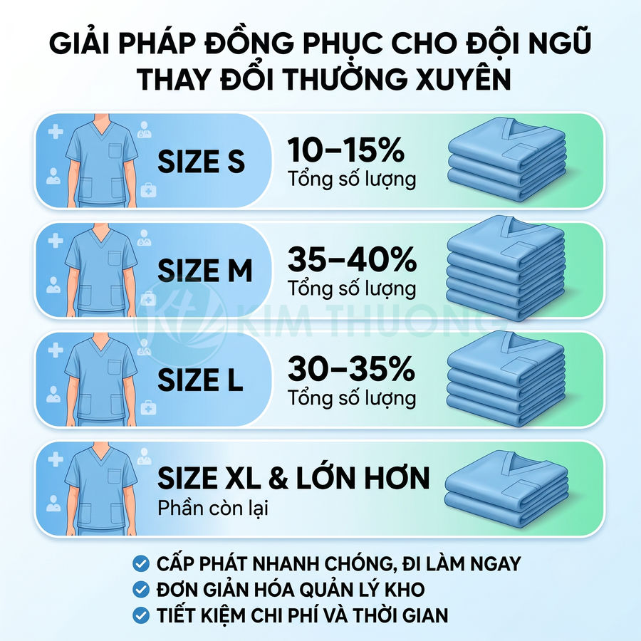 Bảng phân chia tỷ lệ size đồng phục y tế màu xanh cho đội ngũ thay đổi thường xuyên