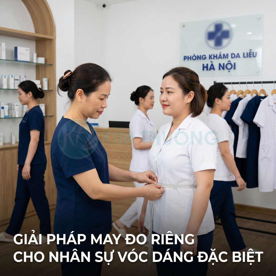 Nhân viên đo may đồng phục y tá tại phòng khám da liễu Hà Nội