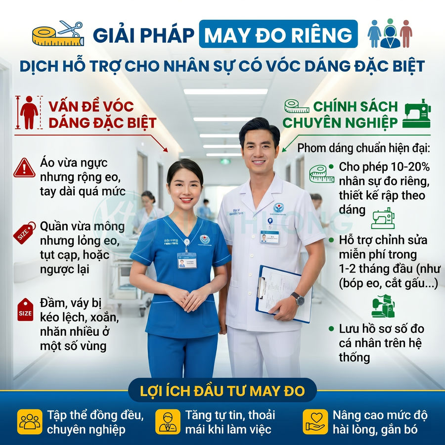 Nhân viên y tế mặc đồng phục bệnh viện may đo riêng, đứng trong hành lang, giới thiệu dịch vụ may đo cho vóc dáng đặc biệt