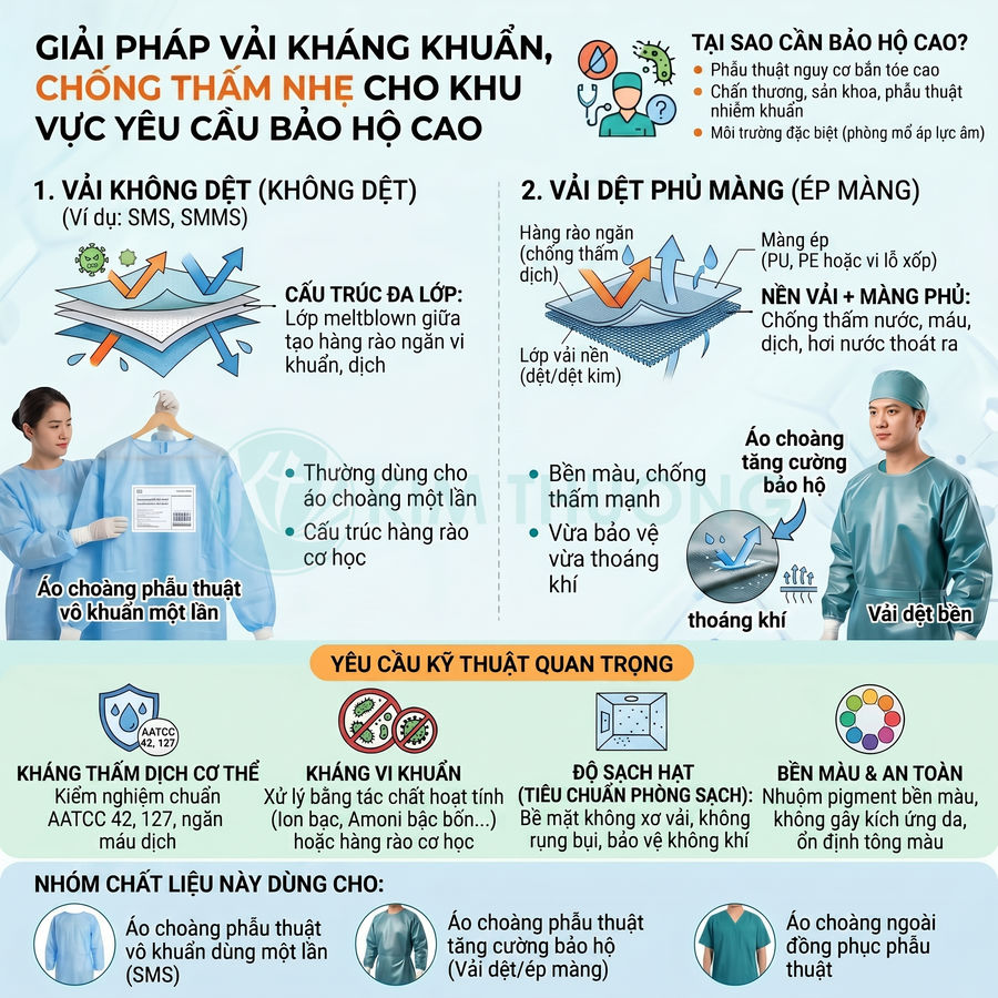 Áo choàng phẫu thuật vô khuẩn và áo choàng tăng cường bảo hộ bằng vải kháng khuẩn chống thấm nhẹ