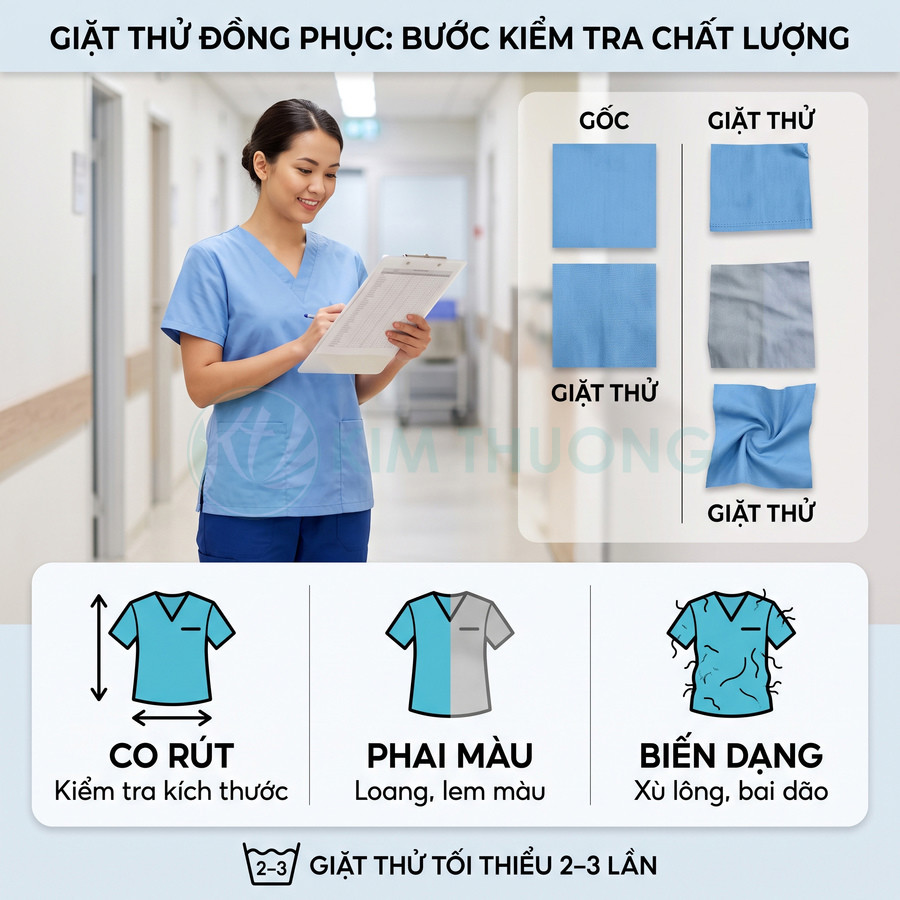 Quy trình giặt thử kiểm tra chất lượng đồng phục y tá màu xanh, đánh giá co rút phai màu và biến dạng vải