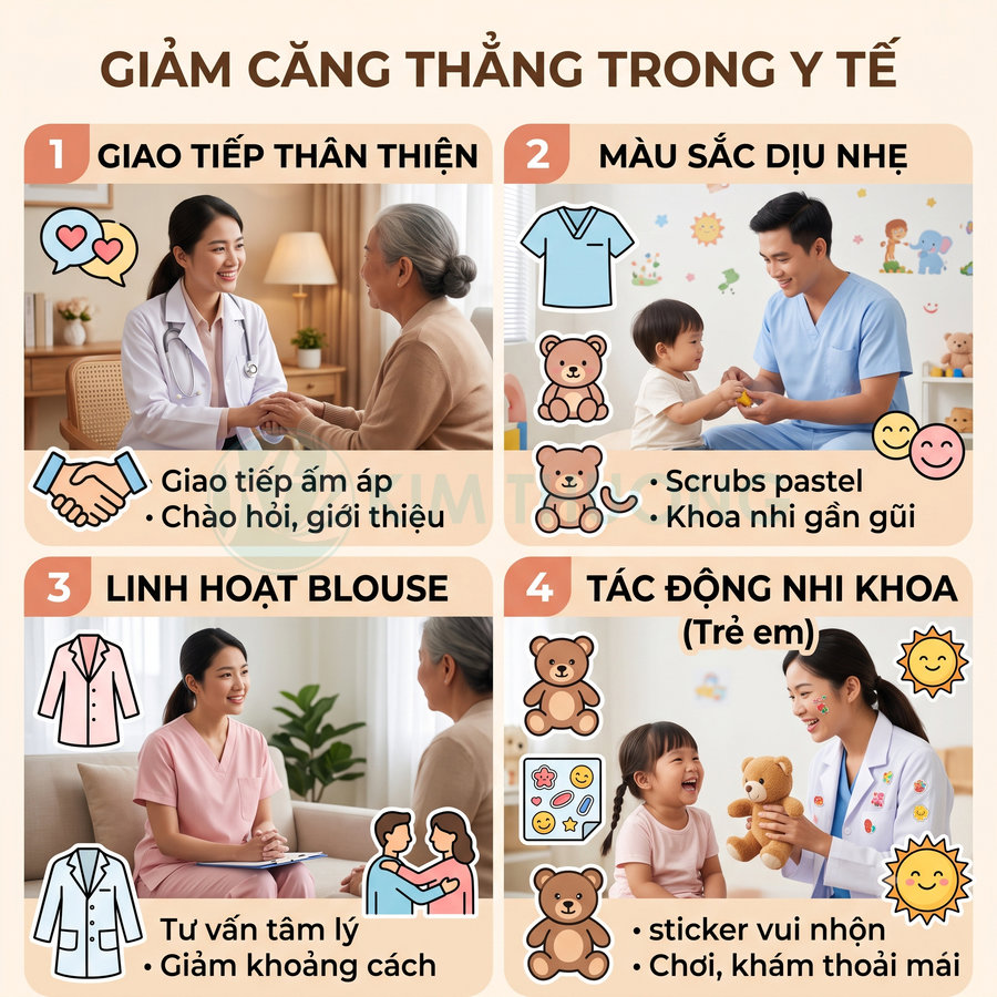 Infographic giảm căng thẳng trong y tế với bác sĩ, điều dưỡng giao tiếp thân thiện và trang phục màu pastel thân thiện trẻ em