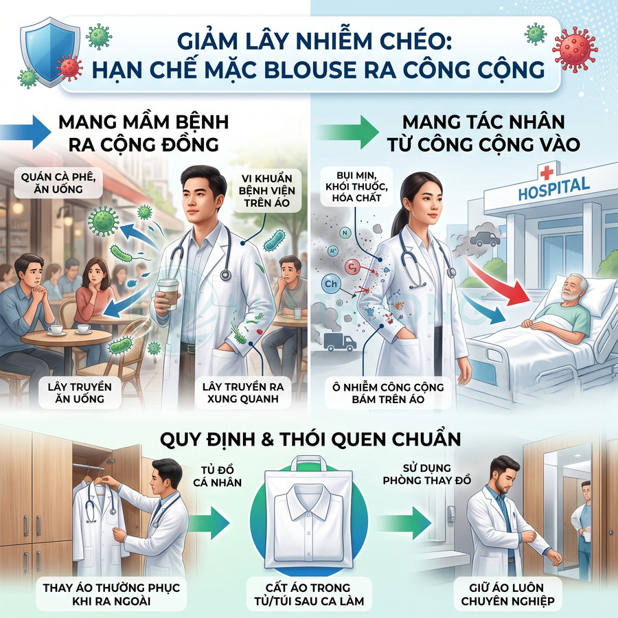 Infographic bác sĩ mặc áo blouse ngoài cộng cộng và trong bệnh viện, hướng dẫn thay áo để giảm lây nhiễm chéo
