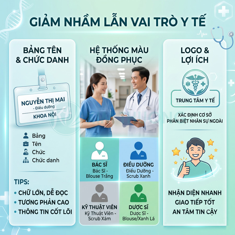 Infographic hướng dẫn giảm nhầm lẫn vai trò y tế bằng bảng tên, màu đồng phục và logo nhận diện trong bệnh viện