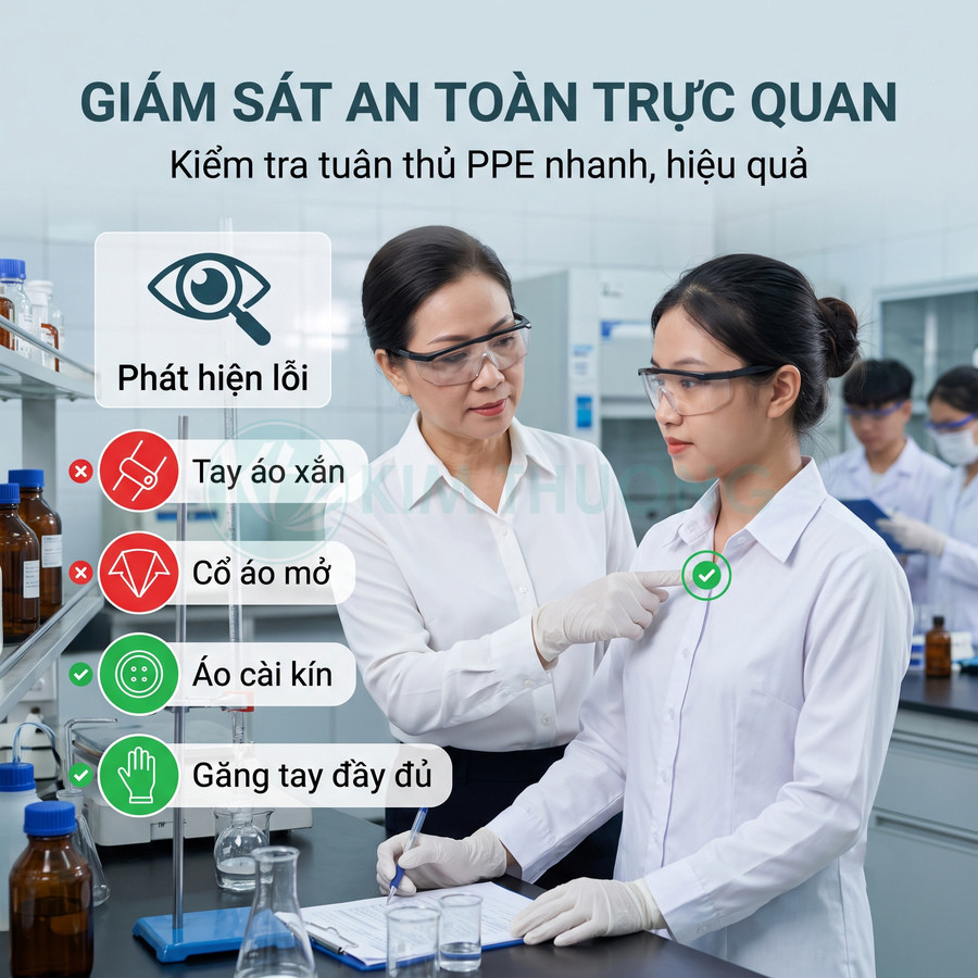 Giám sát tuân thủ PPE trong phòng thí nghiệm với nhân viên mặc áo cài kín, đeo kính và găng tay an toàn