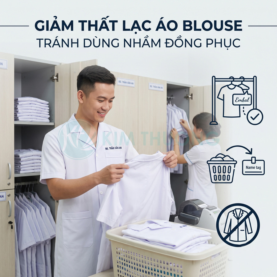 Bác sĩ sắp xếp áo blouse trắng có gắn name tag để tránh thất lạc và dùng nhầm đồng phục