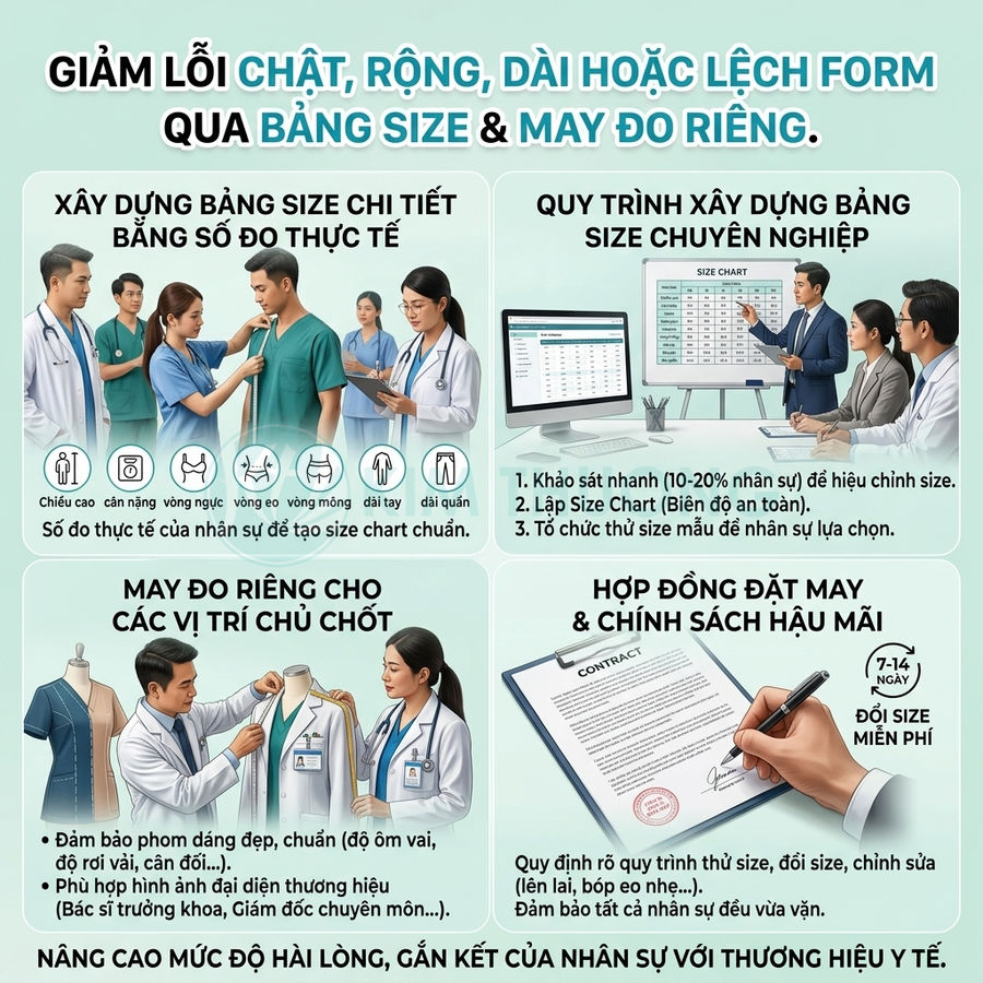 Quy trình may đo và bảng size đồng phục y tế cho bác sĩ, điều dưỡng, đảm bảo form chuẩn và chính sách đổi size