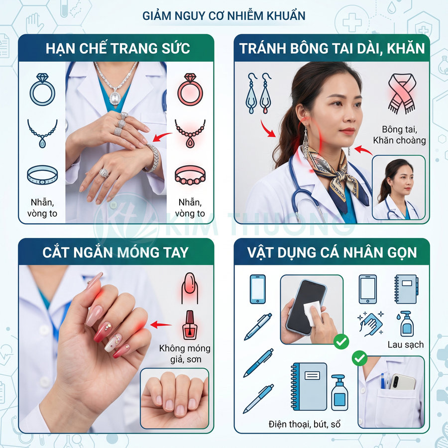 Hướng dẫn nhân viên y tế giảm nguy cơ nhiễm khuẩn bằng hạn chế trang sức, cắt móng tay, gọn gàng vật dụng cá nhân