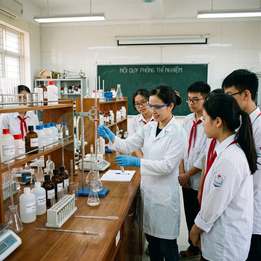 Giáo viên hướng dẫn học sinh làm thí nghiệm hóa học với ống nghiệm và hóa chất trong phòng thí nghiệm trường học