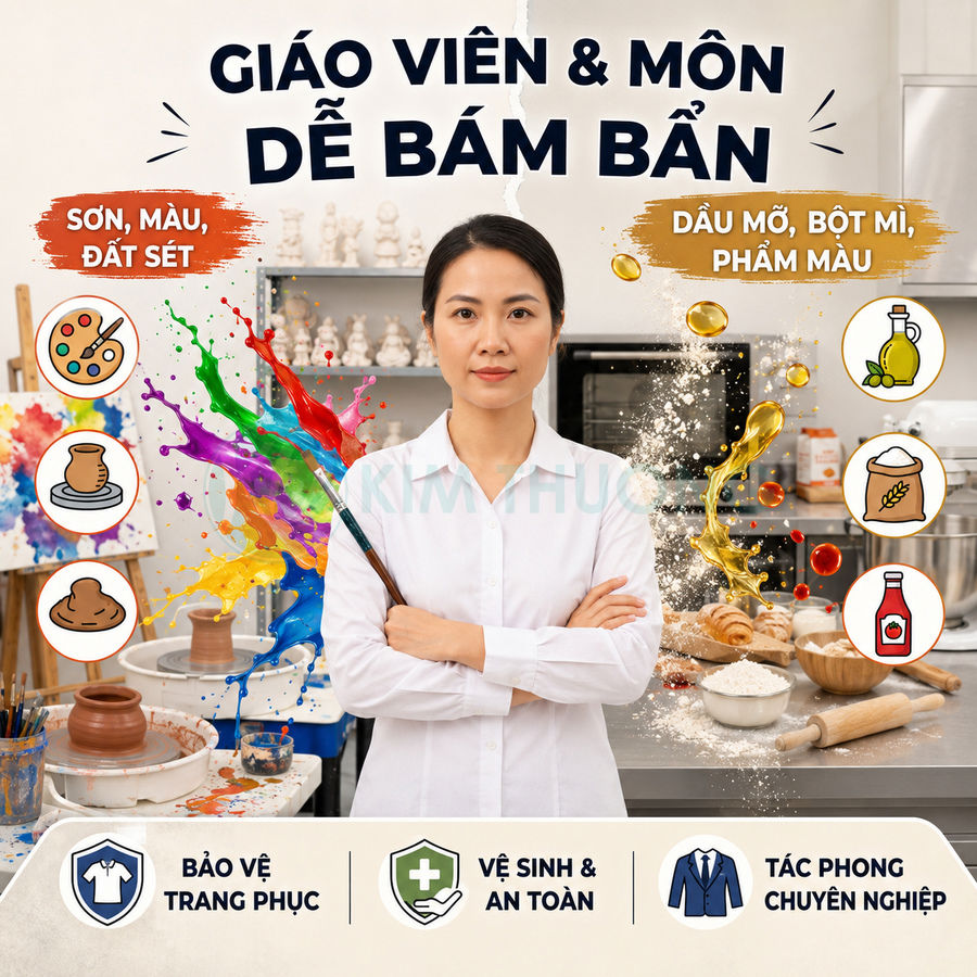 Giáo viên đứng trong lớp học thực hành với sơn màu, đất sét và nguyên liệu nấu ăn dễ bám bẩn trên trang phục