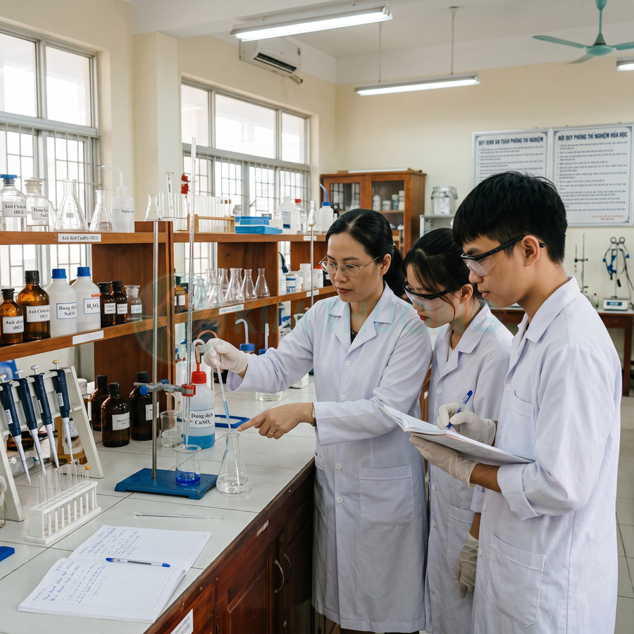 Nhà khoa học hướng dẫn hai sinh viên sử dụng dụng cụ thí nghiệm hóa học trong phòng lab hiện đại