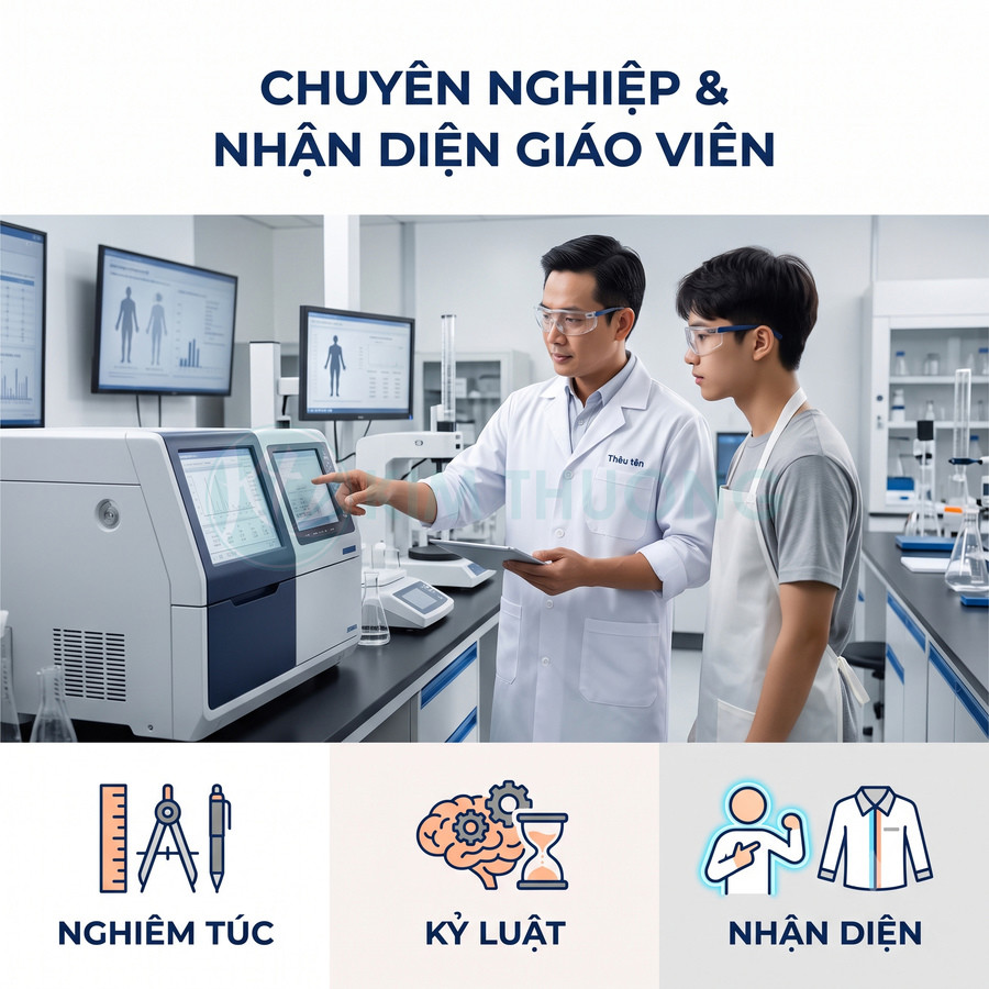 Giáo viên hướng dẫn học sinh sử dụng máy phân tích hiện đại trong phòng thí nghiệm khoa học