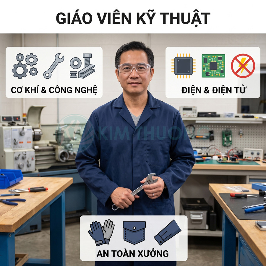 Giáo viên kỹ thuật đứng trong xưởng cơ khí điện tử, cầm mỏ lết, nhấn mạnh an toàn và đào tạo thực hành