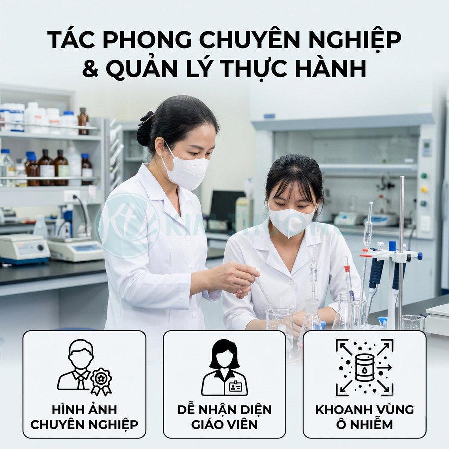 Giáo viên và sinh viên mặc áo blouse trắng, đeo khẩu trang đang hướng dẫn thí nghiệm trong phòng lab