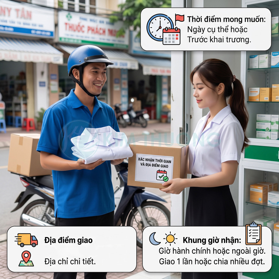 Nhân viên giao hàng đưa thùng thuốc và đồng phục cho dược sĩ tại nhà thuốc, xác nhận thời gian và địa điểm giao hàng