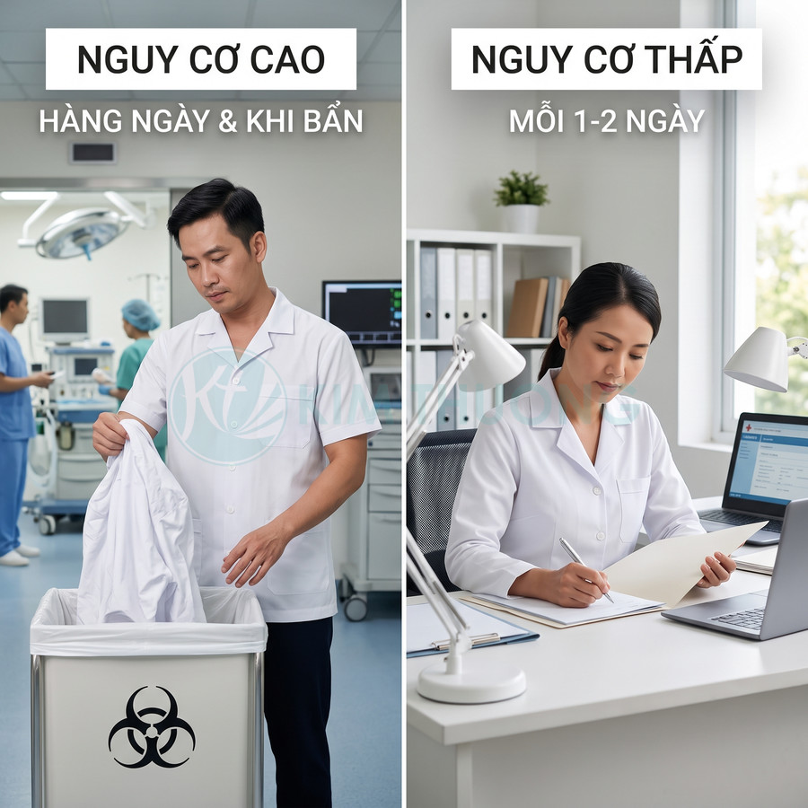 Nhân viên y tế mặc áo blouse trắng làm việc ở khu vực nguy cơ cao và thấp trong bệnh viện